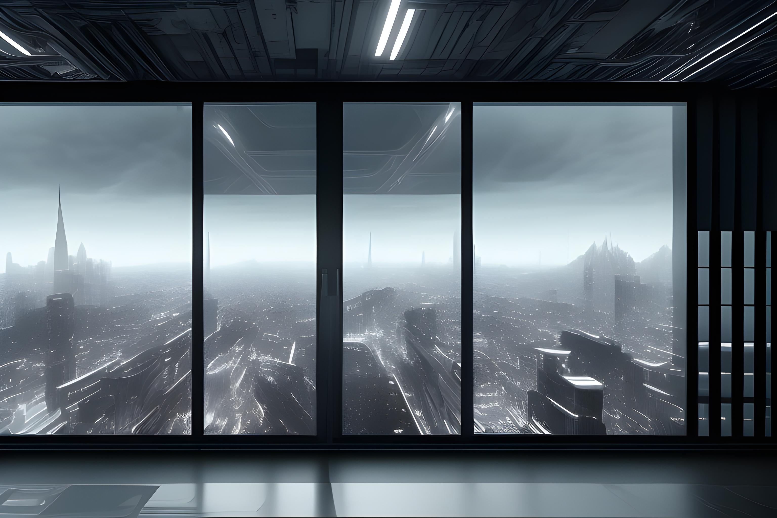 Ultra-wide cinematic desktop wallpaper, a vast dark futuristic command room at night, minimalist architecture inspired by premium industrial design, floor-to-ceiling panoramic windows overlooking a distant modern city and mountains, subtle rain on the glass, one large black desk facing the view, almost no objects, soft indirect architectural lighting, deep blacks, graphite, brushed titanium and cold white light, extremely subtle warm lights from the city in the distance. The room should feel like the private headquarters of someone building ambitious technology companies — powerful, focused, quiet, sophisticated, not flashy. A barely visible abstract geometric emblem integrated into the architecture, no readable text, no neon cyberpunk, no RGB gaming aesthetic, no excessive holograms. Phot